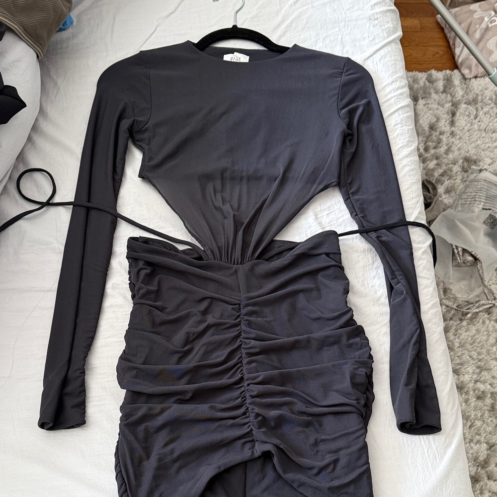 Oh Polly Black Long-Sleeve Ruched Cutout Midi Dress
